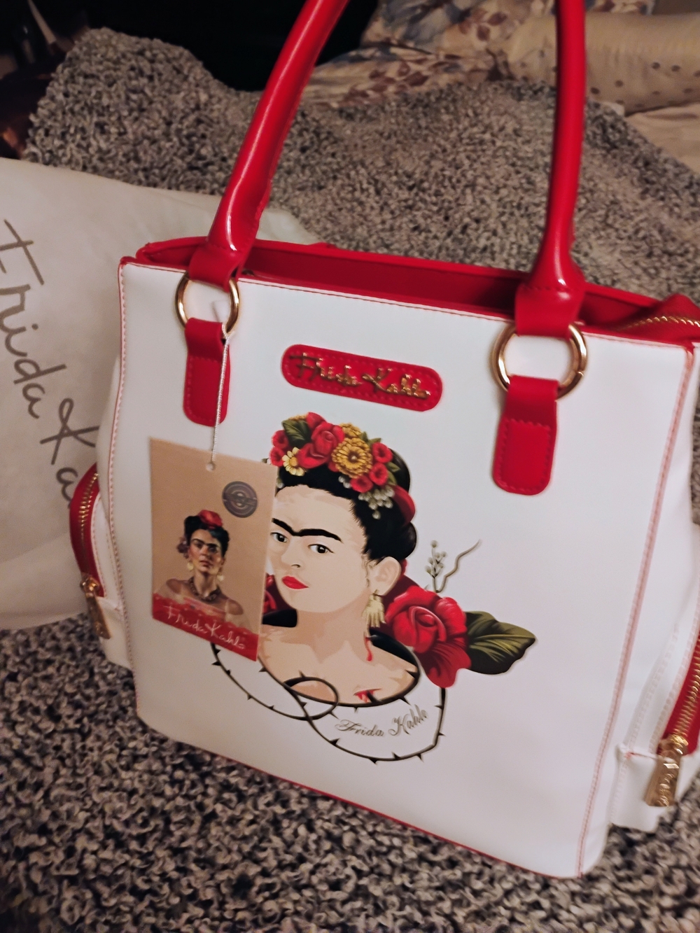 new directions White and Red Frida Kahlo Floral Portrait Handbag